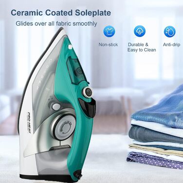 Праска з парою, праска з керамічною підошвою, самоочищення, резервуар 340 мл, 3000 Вт, автоматичне вимкнення, зелена