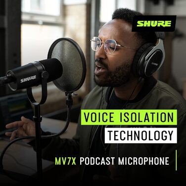 Динамічний XLR мікрофон Shure MV7X для подкастингу та вокалу, професійна якість, Voice Isolation, чорний