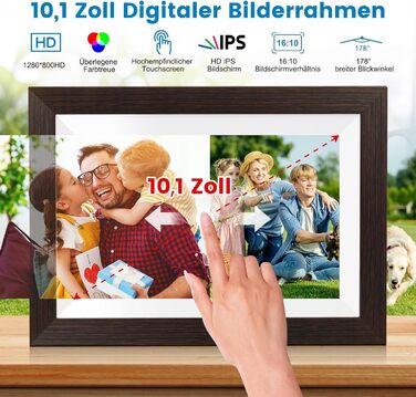 Цифровий фоторамка Mejasg 10.1 дюйма з Wi-Fi, 32GB, IPS сенсорний екран, автоповорот, для фото та відео, з дерева