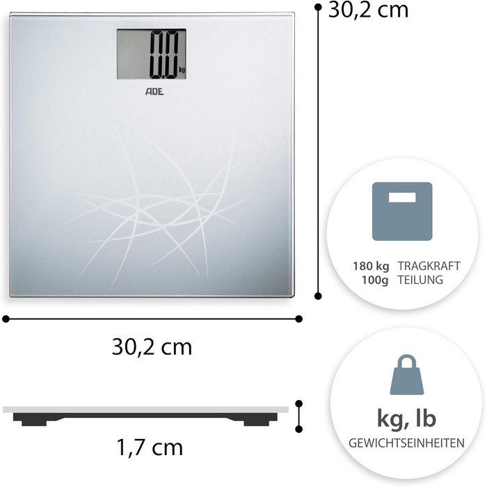 Цифрові ваги для ванної кімнати ADE BE 1305 Lotta. Електронні ваги для ванної кімнати з елегантною поверхнею зважування, виготовлені із загартованого безпечного скла. Для точного визначення ваги до 180 кг. Акумулятор в комплекті. Сірий