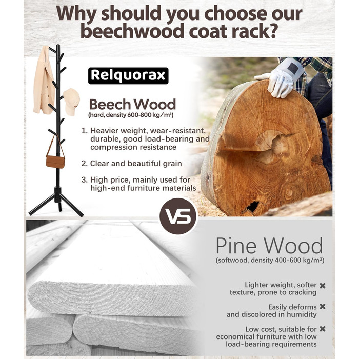 Підставка для одягу з бука, 9 гачків, 3 положення по висоті, для шапок, шарфів, сумок (білий/чорний)