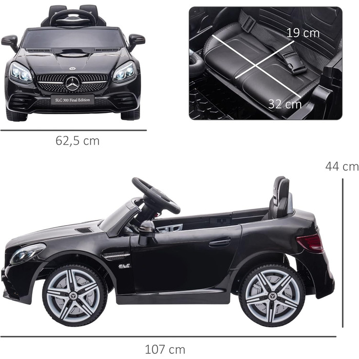 Дитячий електромобіль Mercedes SLC 300 AIYAPLAY 12V з пультом, LED, музикою, ременем безпеки, чорний, для дітей від 3 років
