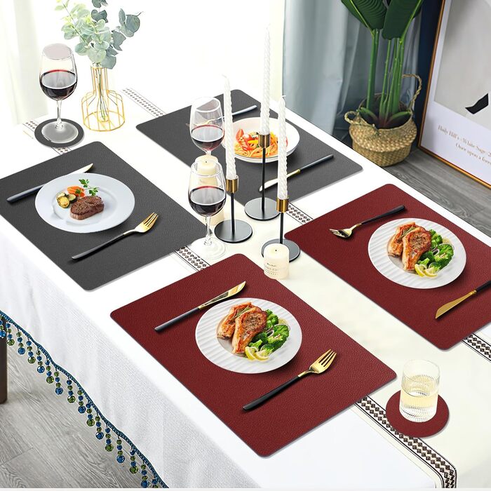 Набори підставки під тарілки, 6 шт, ефект шкіри, миючі, 43x30 см (червоний/сірий)