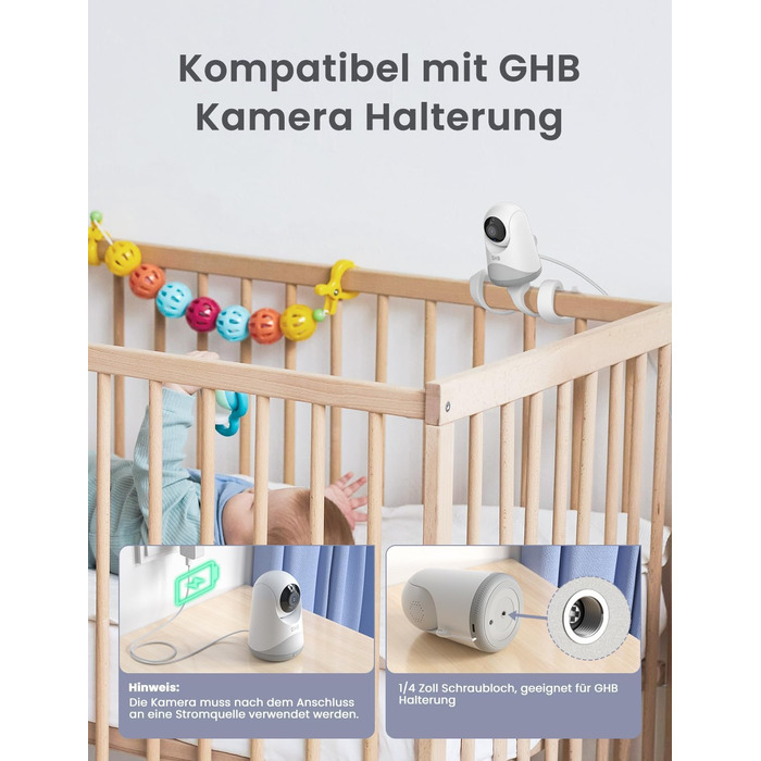 Відеоняня GHB з камерою 5'' HD IPS, 720P, 3050mAh, VOX, Zoom 3X, Нічне бачення, Зв'язок, 8 колискових, Підтримка 4 камер