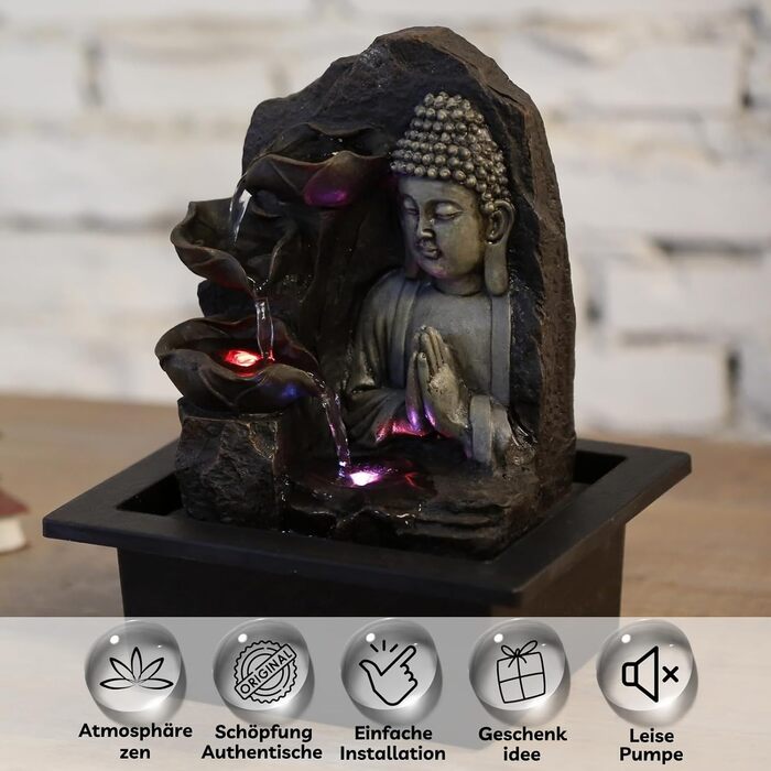 Джерело Zen'Light Zimmerbrunnen з Буддою та LED-підсвіткою - Сучасна декор для медитації та релаксації, Фен-Шуй, 26 см, горіх