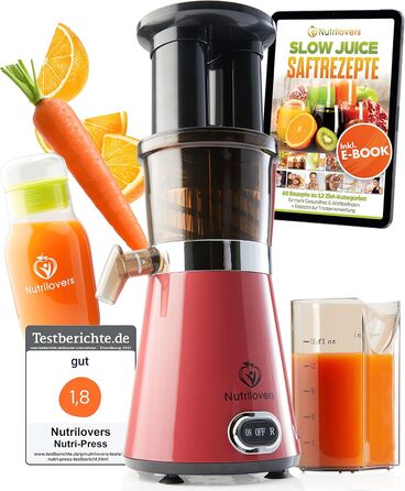 NUTRI-PRESS повільний соковитискач для фруктів та овочів, електричний, 2 отвори для завантаження, тихий, з пляшкою для соку To Go та додатком з рецептами, рожевий