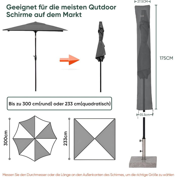 Захисний чохол для парасольки від сонця Sekey, 260x65 см, темно-сірий