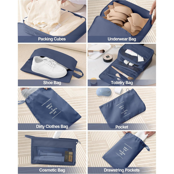 Набір органайзерів для подорожей Anjing (10 предметів), водонепроникні пакувальні куби для валізи, компактний набір для зберігання речей у дорогу, темно-синій
