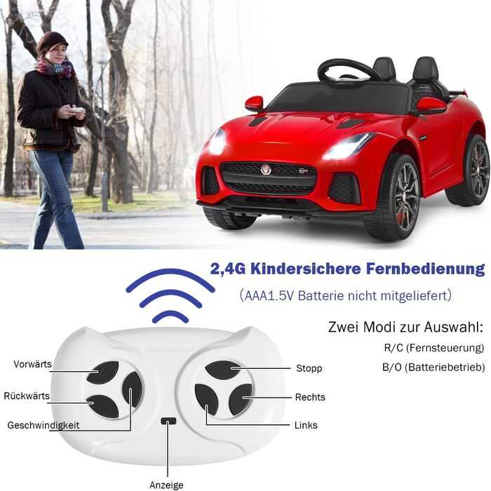 Дитячий електромобіль COSTWAY Jaguar 12V з музикою, історіями, сигналом і фарами, на пульті ДУ, для дітей від 3 років, червоний