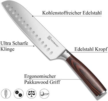 KEEMAKE Набір професійних кухонних ножів Santoku 18 см з карбонової сталі, ергономічна ручка