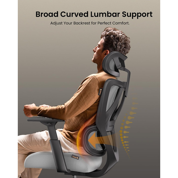 Офісний крісло ProtoArc EC100 сірого кольору з товстим пружинним сидінням, підтримкою попереку, регульованими підлокітниками та підголівником, сітчасте крісло для дому та офісу