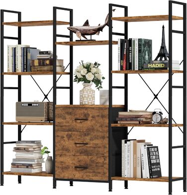 Стильна полиця-стеллаж з 4 висувними ящиками з тканини, 100W x 142Hcm, для книг, кухні, вітальні, офісу, балкону, в індустріальному стилі (4 яруси, 120cm, рустикальне дерево)