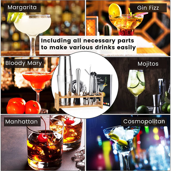 Набір для коктейлів Boston Cocktail Set 16 предметів з нержавіючої сталі, професійний, 600/450 мл, з аксесуарами для бару, бамбуковий підставка, подарунковий набір