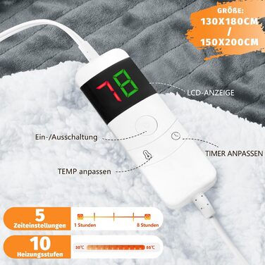Електрична ковдра BOMOVA з автовимкненням, 130x180 см, сіра. Тепла, пухнаста ковдра для дому, подарунок на Різдво. 10 температурних режимів, таймер 5 годин.