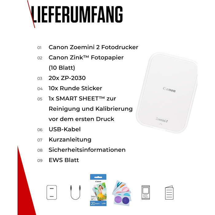 Canon Zoemini 2 Perlweiß: Міні-фотопринтер для смартфонів та планшетів | Модель для подорожей | Комплект друку