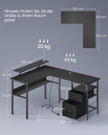 Комп'ютерний стіл VASAGLE L-подібний з розетками, LED-підсвічуванням та USB-портами, 150 x 120 x 76 см, чорний, LWD095B01