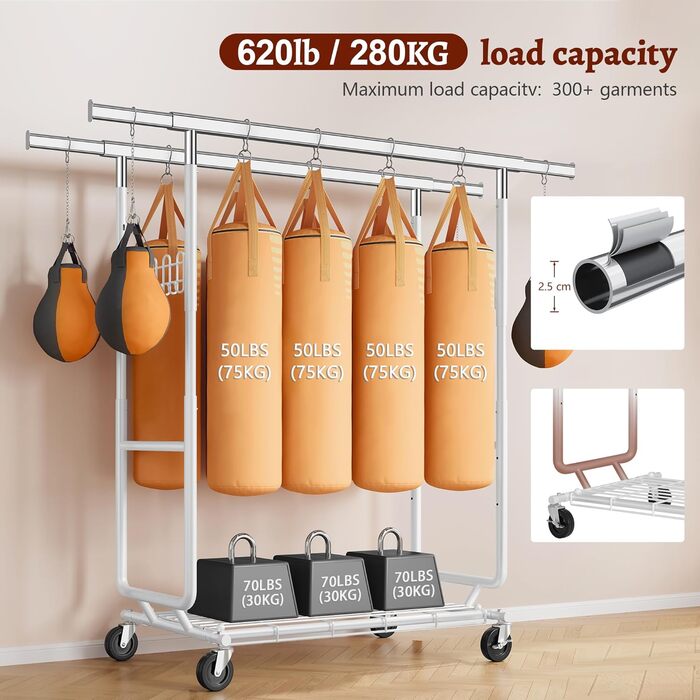 Стійка для одягу на колесах FAVOOOSTY, металева, мобільна, до 200 кг, швидка установка, біла, 2 стяжки