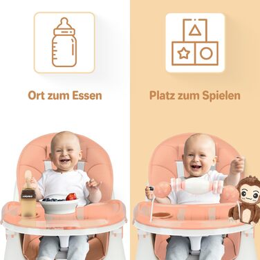 Дитячий стільчик для годування Twinky Hochstuhl Baby ECO з регульованою спинкою, функцією розкладання та столиком - підходить для новонароджених та дітей (Рожевий)