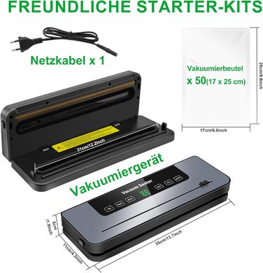 Вакууматор 7 в 1 професійний вакуумний пакувальник з цифровим таймером та вбудованим різаком, автоматичний пристрій для вакуумації (50 пакетів у комплекті)