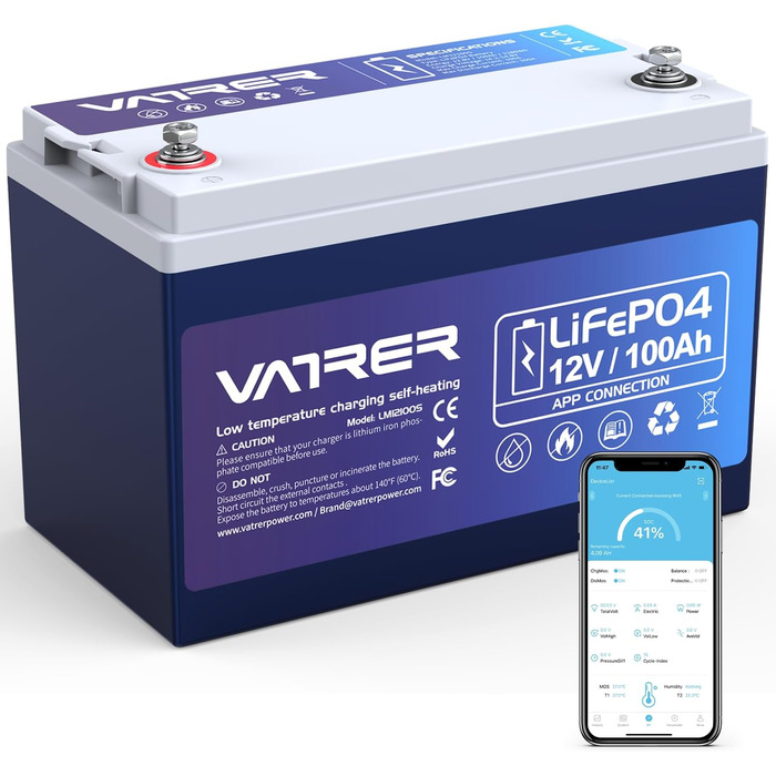 Літієва батарея VATRER POWER LiFePO4 12V 100AH з низькотемпературним відключенням і літієвою батареєю глибокого циклу 100A BMS 5000 1280 Вт для автофургонів, кемпінгу, човнів, сонячних домашніх систем (12V100Ah з автономним нагріванням)