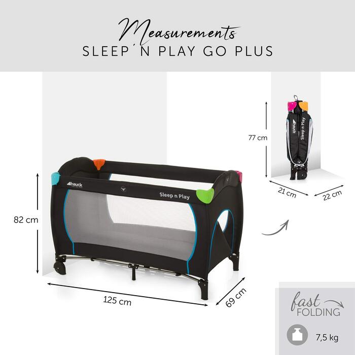 Дитяче дорожнє ліжко Sleep N Play Go Plus, багатобарвне чорне, з сумкою, колесами, ковзає, складне