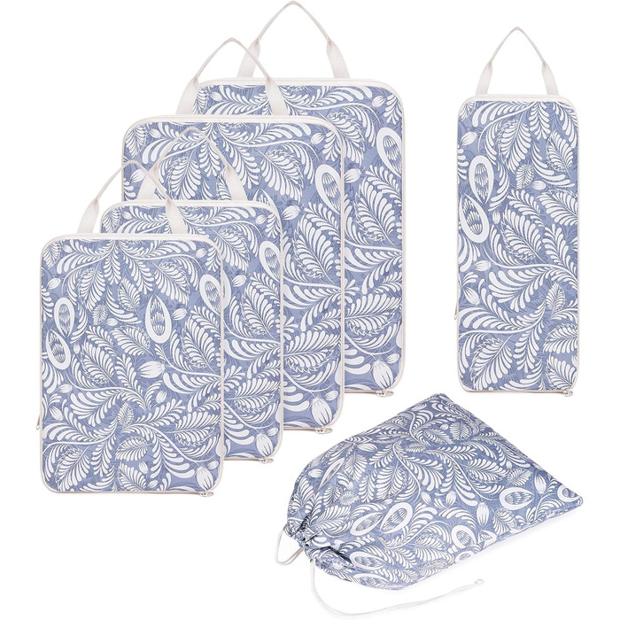 Набір органайзерів для подорожей Narwey з компресією, 6 шт, сумки-пакувальники для валізи та рюкзака (Блакитний листок)