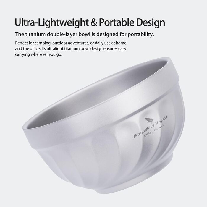 iBasingo Титанові миски з подвійними стінками 500мл та 800мл для каші, їжі, рису, супу. Легкі, портативні, металеві миски для кемпінгу та відпочинку на природі. (500ML Ti1168T)