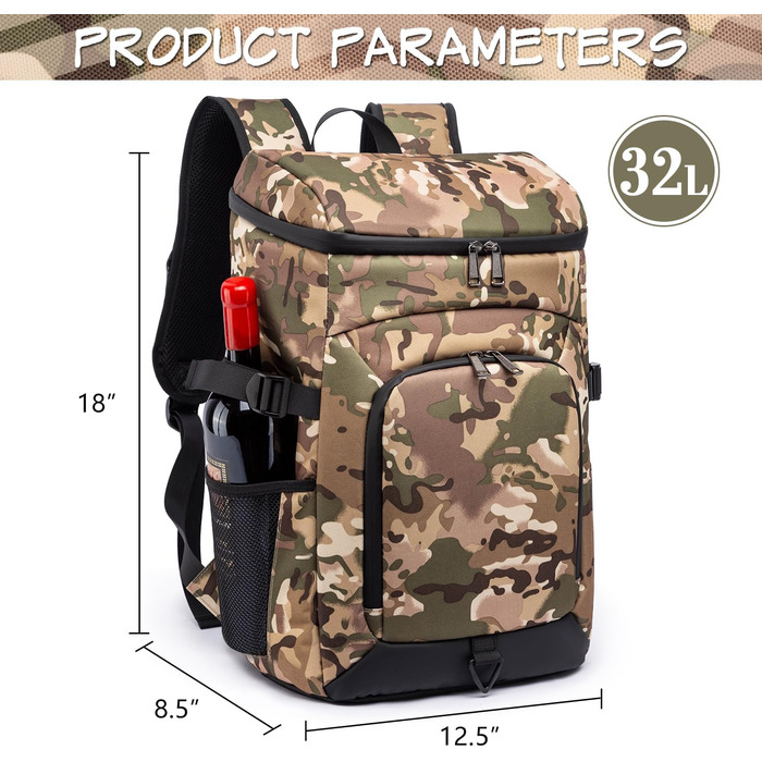 Рюкзак-холодильник Laripwit на 54 банки, 32л, камуфляж - ідеальний для пікніків, походів та кемпінгу