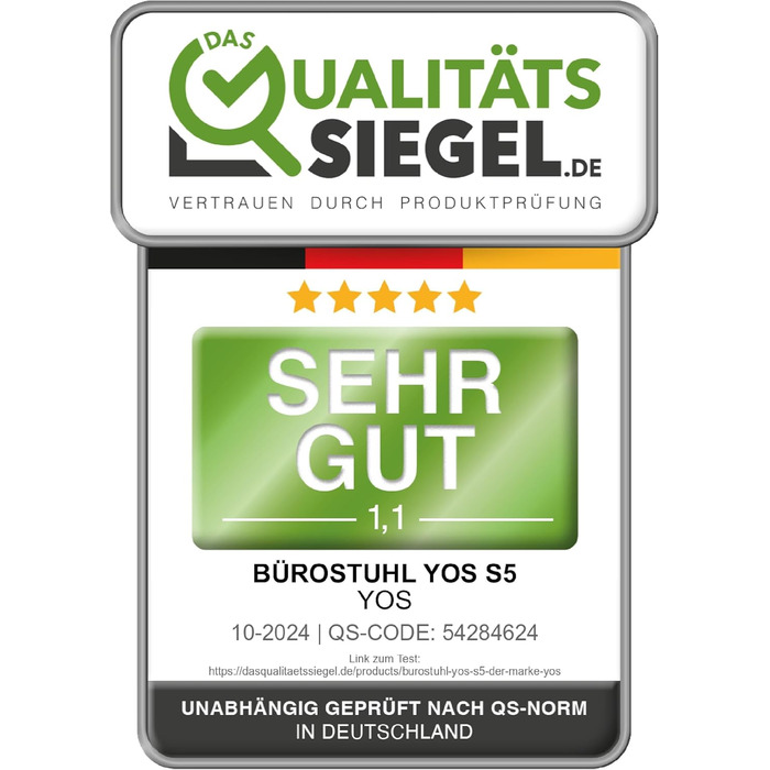 Офісний стілець YOS S5 з підтримкою спини та голови, до 150 кг, чорний. Зроблено в Німеччині