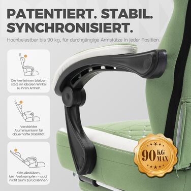 Ігровий крісло Dowinx з тканиною, гелевою подушкою та пружинним блоком, ергономічний офісний стілець з підніжкою, масажний ігровий крісло для дорослих (зелений)