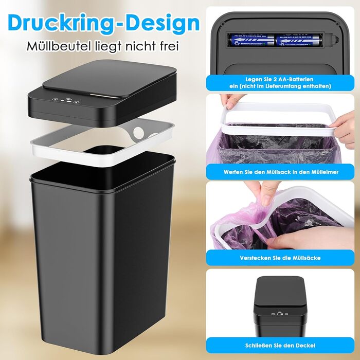 Набір з 2 електричних сміттєвих баків Dreamhigh® 12L з датчиком, автоматичним відкриванням, 3 режимами відкривання, тихим, водонепроникним корпусом для кухні, ванної, офісу, вітальні, чорний