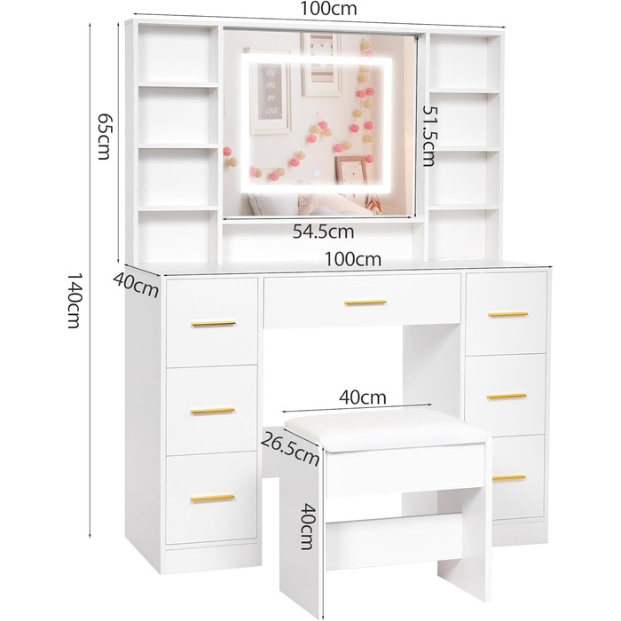 Великий туалетний столик ANWBROAD з регульованою LED-підсвіткою (3 кольори), розетками, дзеркалом та пуфом. 7 висувних ящиків, 4 полиці. Колір: білий. Розміри: 140x100x40 см.