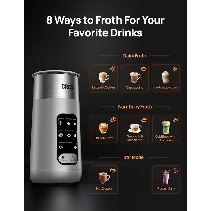 Електричний спінювач молока Dreo 8-в-1 для лате-арт, 270 мл, з підігрівом, LED, сріблястий