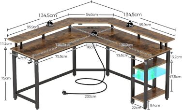 Комп'ютерний стіл Rolanstar L-подібний з RGB підсвічуванням та розетками, геймінговий стіл з полицею та гачками, для офісу, робочого кабінету, спальні (117 см, Vintagebraun, 137 x 137 x 87 см)
