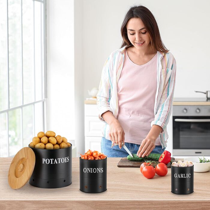 Набір контейнерів для зберігання картоплі, цибулі та часнику Lannvan | 3 шт. з бамбуковим кришками | З вентиляцією та захистом від світла (чорний)