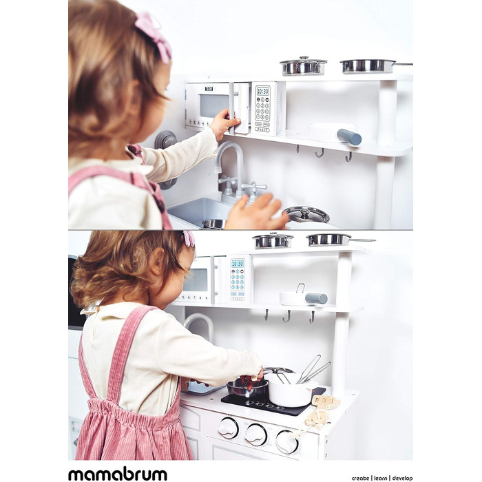 Дитяча дерев'яна кухня Mamabrum з LED-підсвічуванням. Регульована висота, набір з аксесуарами (крижанка, мікрохвильова піч, плита, посудомийна машина). Іграшка для дітей від 3 років (кухня для хлопчиків та дівчаток, білий колір)