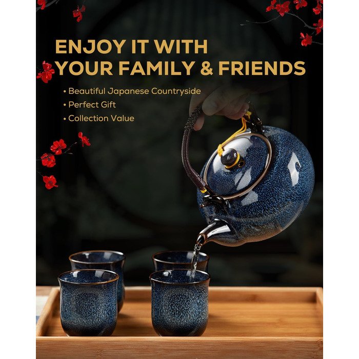 Набір чайний сервіз з порцеляни DUJUST, японський стиль, блакитний колір