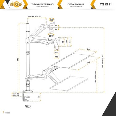 Кріплення для монітора RICOO TS1211: підставка для монітора та клавіатури, робоча станція, VESA, 13-27 дюймів