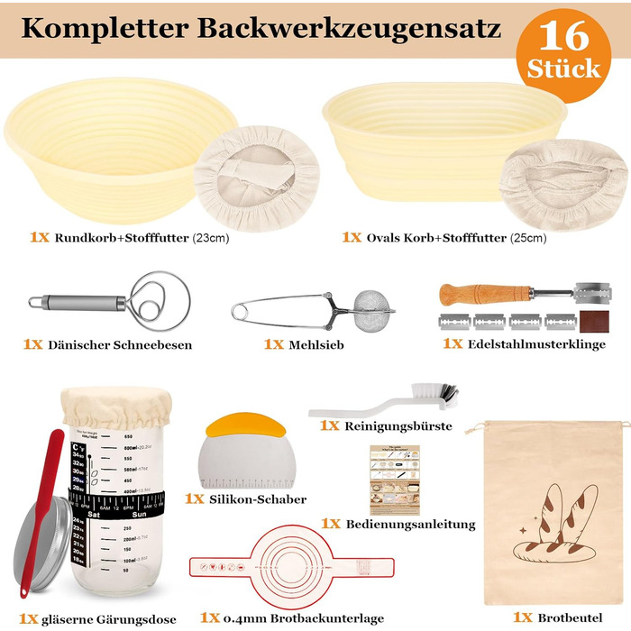 Набір для закваски з 16 частин: гнійники з силікону (круглі та овальні), скляні ємності для закваски - для професійного та домашнього випікання