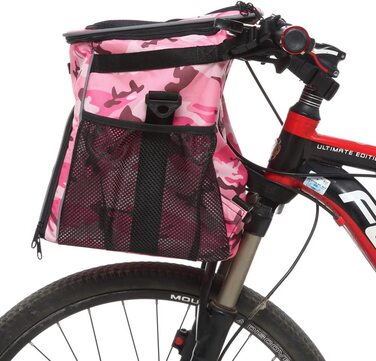 Велосипедна корзина для собак спереду, рюкзак для собак, рюкзак для кішок вагою до 5 кг для подорожей, походів, кемпінгу, велосипедна корзина для собак для маленьких, середніх цуценят і кішок (рожевий камуфляж)