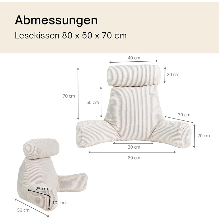 Подушка-крісло Bananair для ліжка та дивану з м'якої тканини Cord, знімний чохол, м'яка та комфортна, з підтримкою спини та підлокітниками, ергономічне сидіння (кремово-білий)