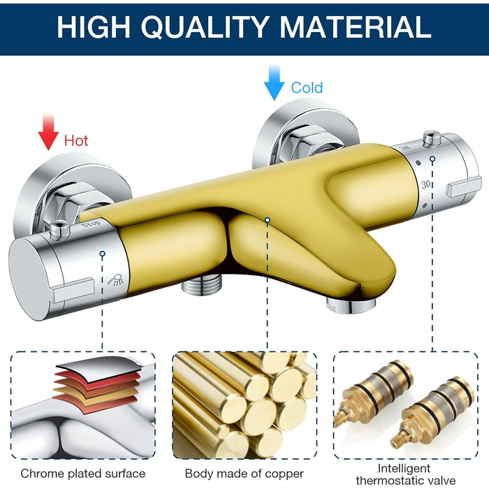 Змішувач для ванни з термостатом, дощова лійка для душу, хром. Змішувач для ванни з термостатом для 2 споживачів