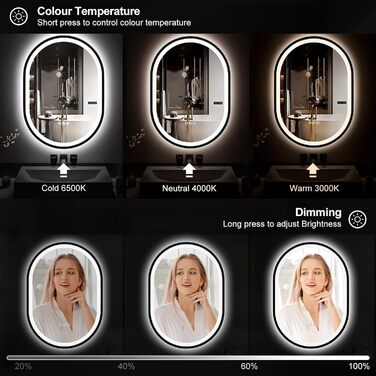 Круглий LED-дзеркало для ванної кімнати ChillCruiser 50 см з чорною рамою, антизапар, 3 кольори, функція Memory