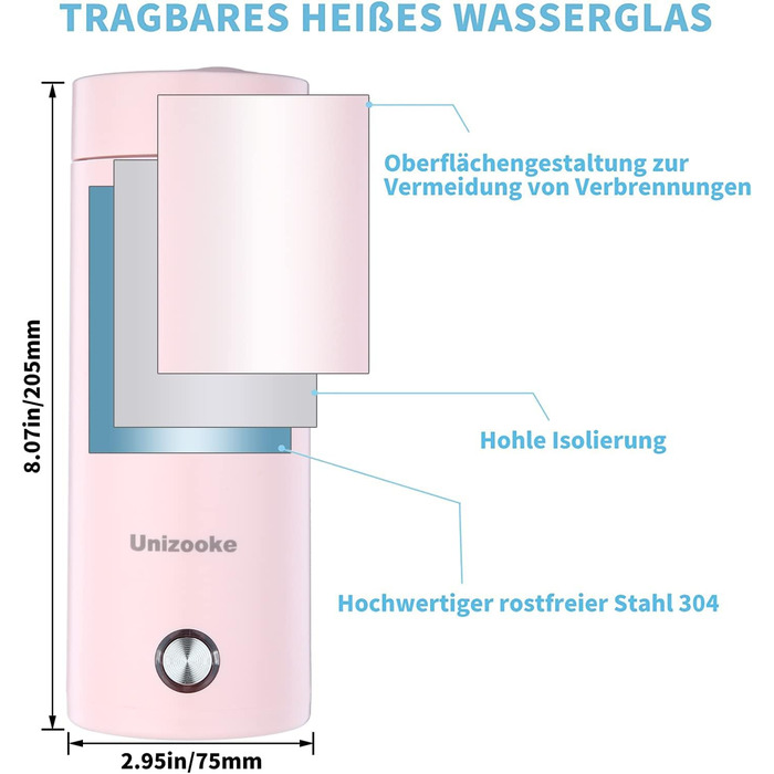 Портативна міні-нагрівальна чашка Unizooke, 400 мл, дорожній електричний чайник 220 В, вакуум 300 Вт, для приготування молока, кави, води та чаю, білий (рожевий)