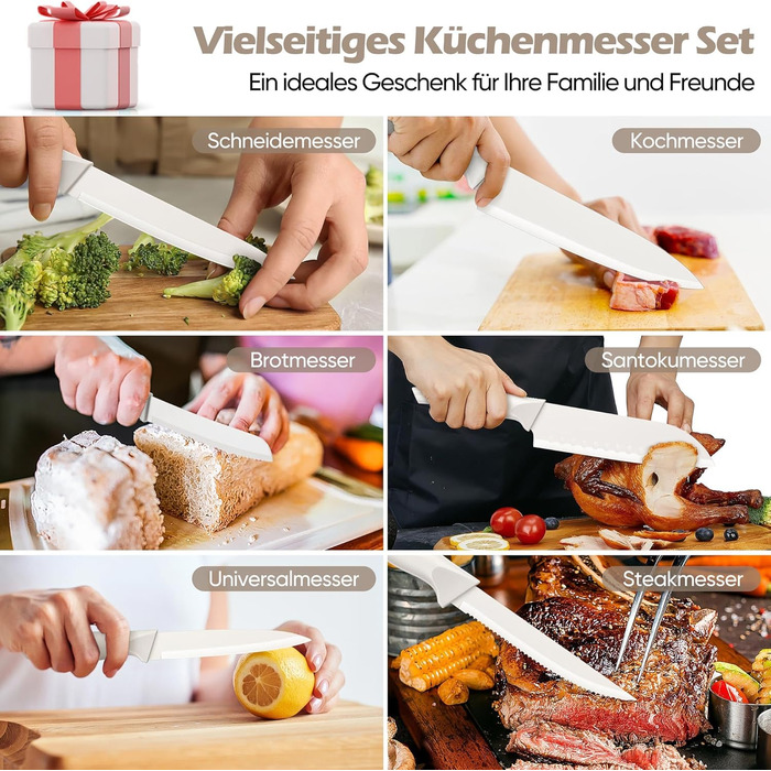 Набір кухонних ножів Homikit з підставкою, з шліфувальником, нержавіюча сталь, 6 ножів для стейку, антиковзні ручки, 15 предметів