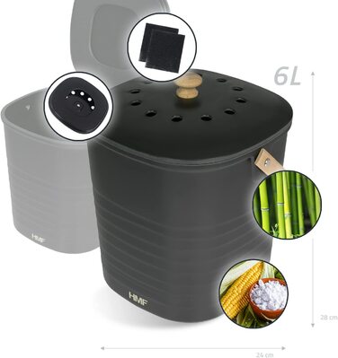 Кухонне відро для екологічно чистих органічних відходів HMF, герметичне по запаху відро для компосту з кришкою / літр /(чорний, 6 л)
