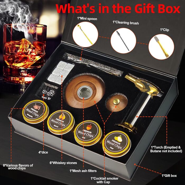 Комплект для копчення віскі з ліхтариком: подарунок для чоловіків, набір для копчення коктейлів з факелом та дерев'яною тріскою для віскі та бурбону, ретро набір для копчення, подарунок на день народження