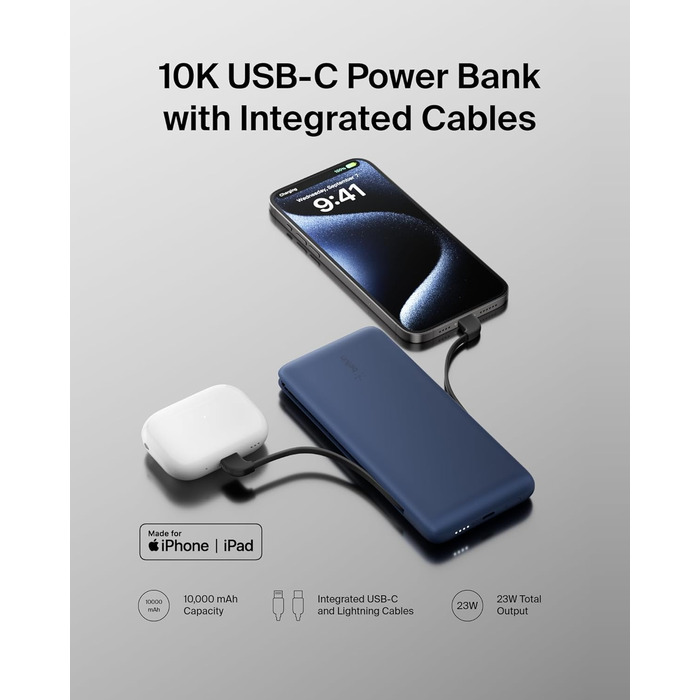 Повербанк Belkin BOOSTCHARGE Plus 10K (10 000 мАг, кабель Lightning & USB-C, додатковий порт USB-C)