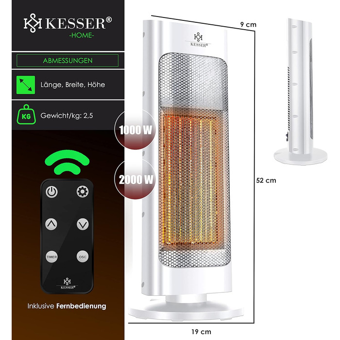 Обігрівач KESSER® 2000W з пультом керування, тихий, енергозберігаючий, керамічний, з осциляцією 80°, таймером 24 год, білий