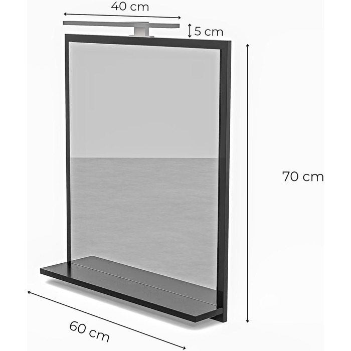 Дзеркало для ванної кімнати HAJDUK FURNITURE з підсвічуванням 4000K IP44, 70x60 см - сучасне прямокутне дзеркало з полицею та LED-підсвічуванням, чорний колір, преміум-якість